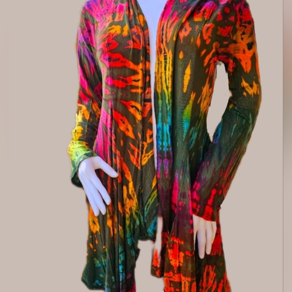 TIE DYE Grn S. Rayon Stretchy L/S Cardigan OS NEW
